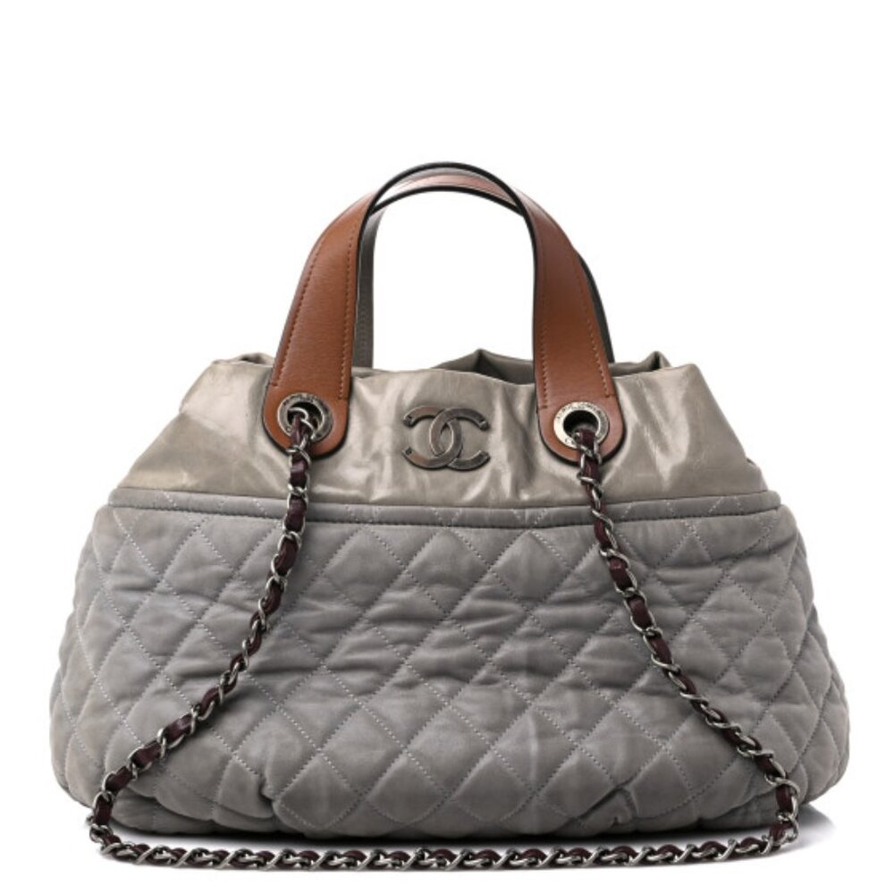 Chanel Iridescent Calfskin Quilted In The Mix Tote Grey Shoulder Bag Satchel